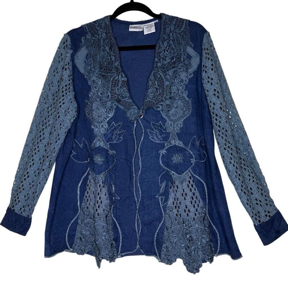 Vintage Newport News Styleworks Jacket Denim  With Crochet Lace Size 10 Y2K
